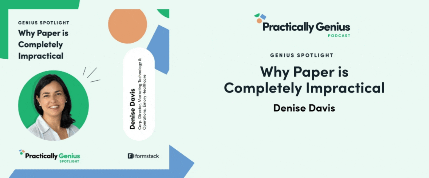 Practically Genius podcast callout for Denise Davis's episode why paper is completely impractical 