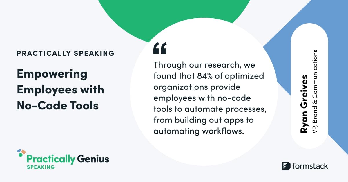 84% of optimized organizations provide employees with no code tools to automate processes from automating workflows to building out apps.